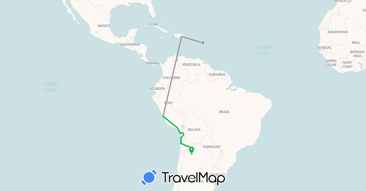 TravelMap itinerary: driving, bus, plane in Argentina, Chile, Dominican Republic, France, Peru (Europe, North America, South America)